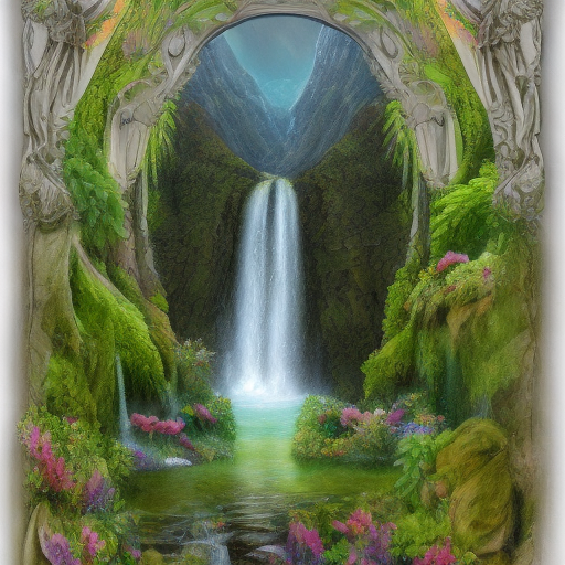 a beautiful waterfall with a lush garden springing up around it